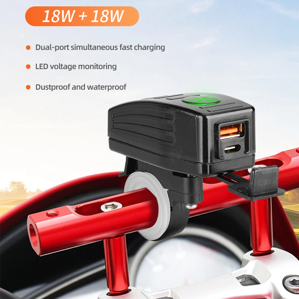 PD+QC3.0 Motorcycle USB Charger Handlebar Dual Port Fast Charging 38W Power Socket With Voltmeter Switch Waterproof 9V-12V