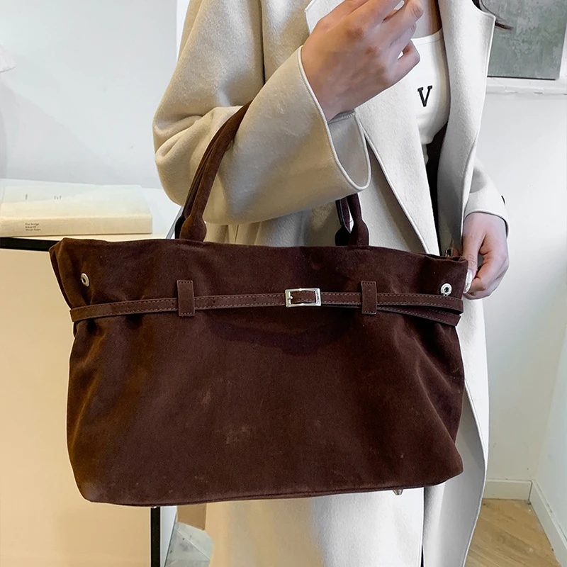 Trendy Autumn Brown Tote Bag Women's Retro Suede Large Capacity Shoulder Bag Belt Buckle Design Ladies Underarm Bag Commuter Bag