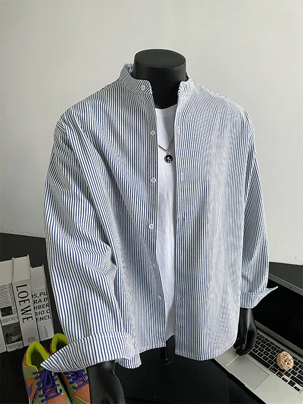 

TANGZ Studio Men's Slim Fit Striped Shirt Loose Long Sleeve Hong Kong Style Stand Collar Casual Fashion Spring Autumn Cotton ...