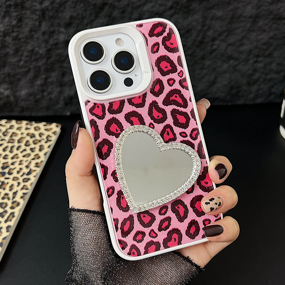 

Luxury Heart-shaped Mirror Bling Glitter Phone Case For iPhone 16 15 14 13 12 11 Pro Max Plus Cute Leopard Print Silicone Cover