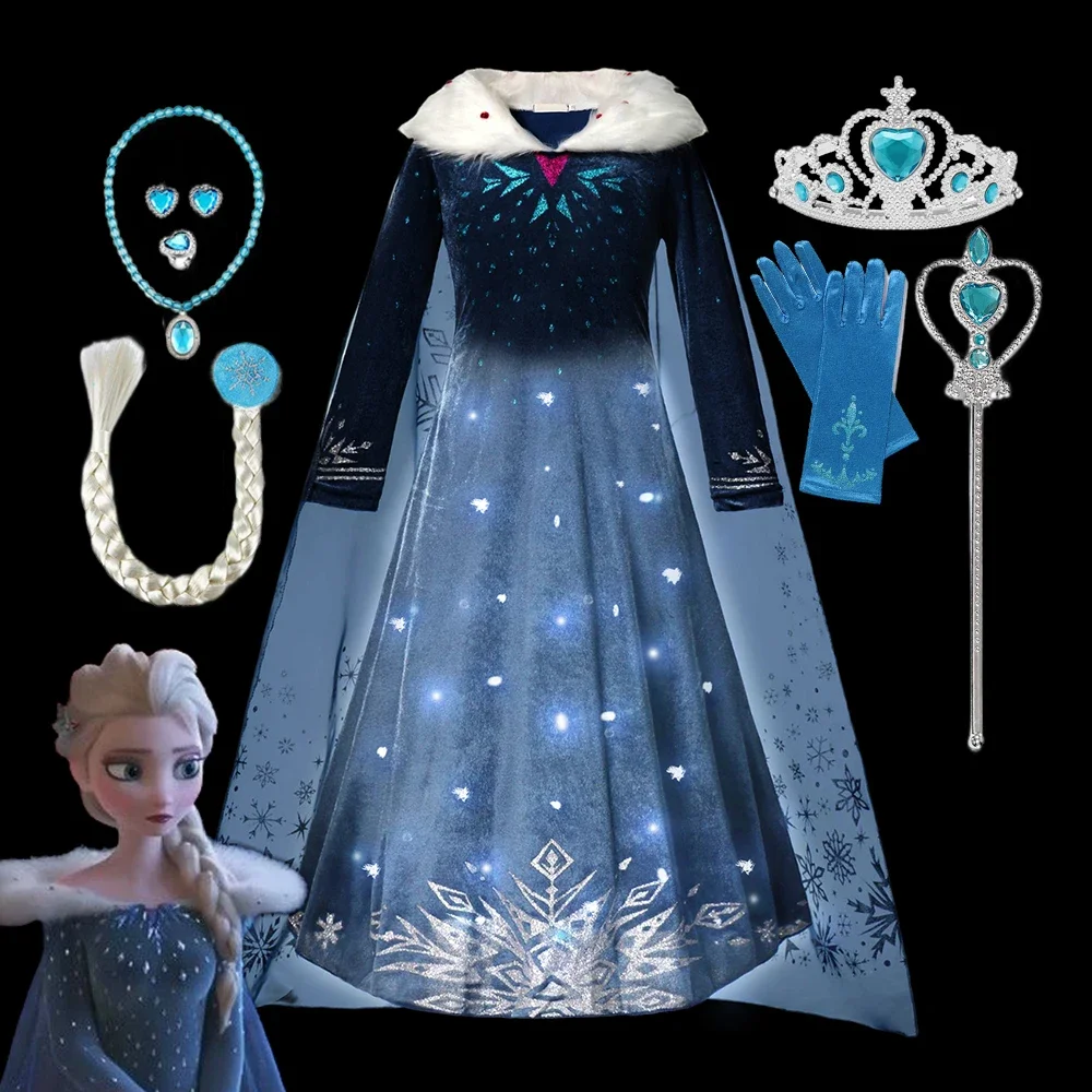 Disney 2024 Frozen Snow Queen Elsa Princess Dress LED Light Up Girls Party Vestidos Cosplay Clothing Birthday Kids Costume