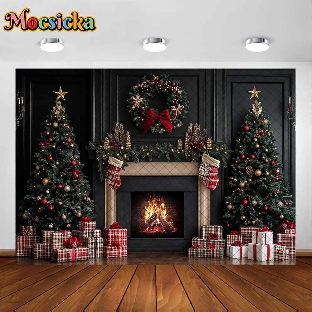 Mocsicka 사진 배경 검은 벽난로 화환 장식 가족 크리스마스 휴일 초상화 사진 배경