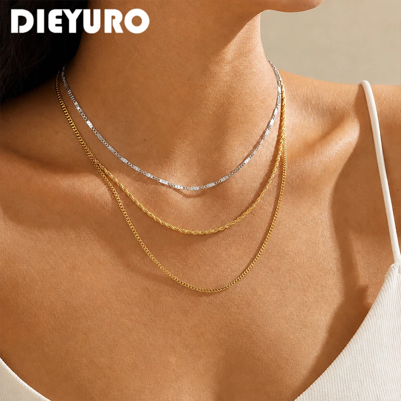 DIEYURO Stainless Steel Triple Layered Chain Necklace Set Stackable Wear Versatile Fashion Personalized Hollowing Female Jewelry