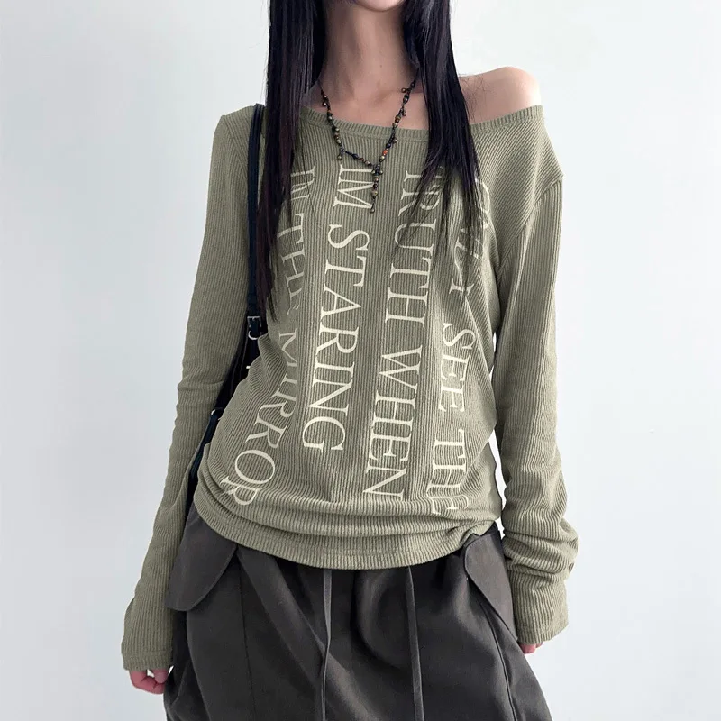 

Street Sle Oversized oulder Bared T irt Letter Print Loose Fit Knitted Fabric Long Sve Women's Faion Top
