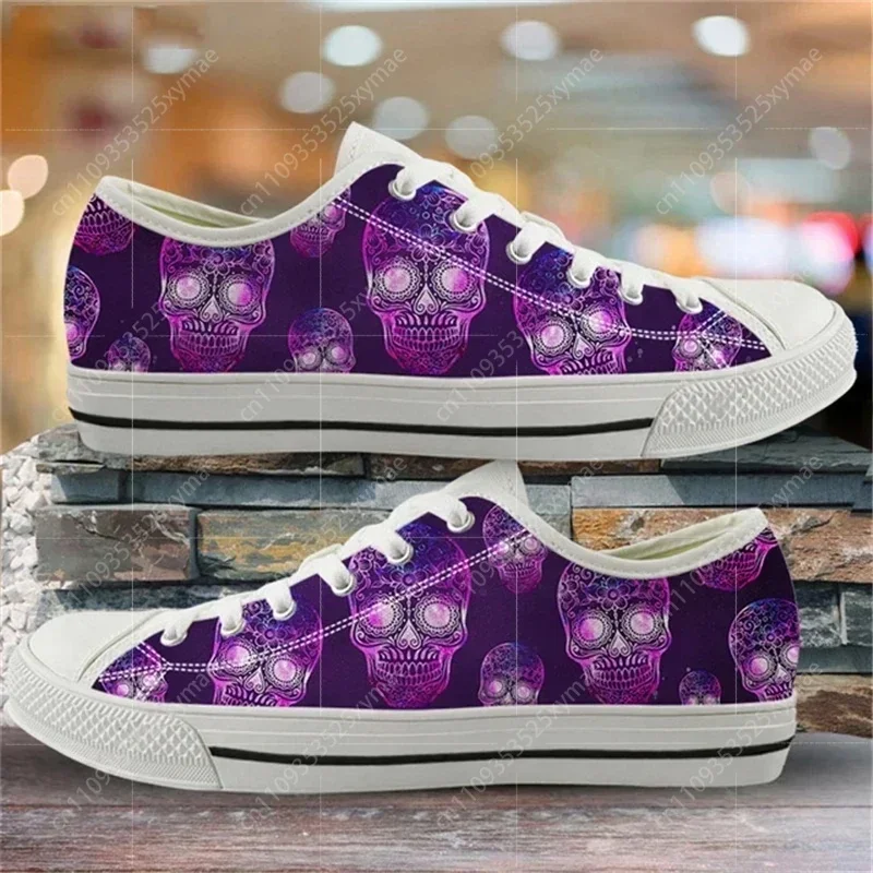 Purple Punk Skull Print Low Top High Quality Sneakers Mens Womens Teenager Lightweight Canvas Sneaker Couple Shoes Custom Shoe - view 2