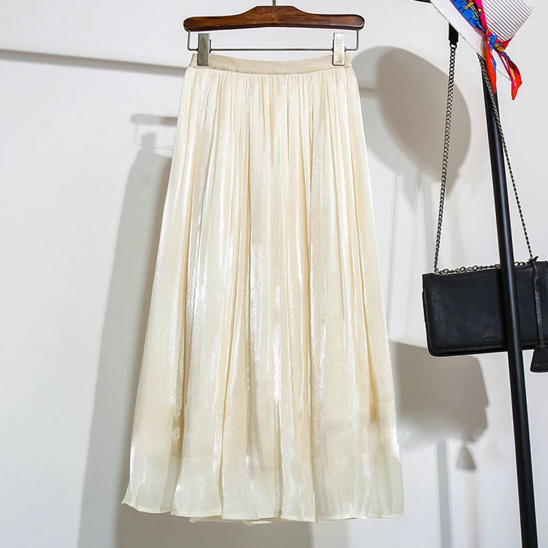 2026 Frühjahr/Sommer Neuer Glänzender A-Linien-Rock für Damen, Einfarbig, Hohe Taille, Französischer Pariser Stil, Eleganter Asymmetrischer Rock – Detail 31