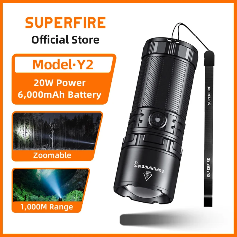 

Светодиодный тактический фонарик SUPERFIRE Y2, перезаряжаемый и водонепроницаемый, масштабируемый, высокий люмен для кемпинга, охоты, экстренной помощи