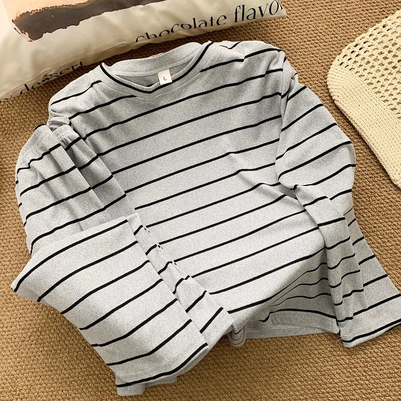 

2PCS/Set Plus Size Women's Pajamas Long Sleeve Striped Crew Neck Sleepwear Loungewear Autumn Winter New Simple Pajamas Homewear