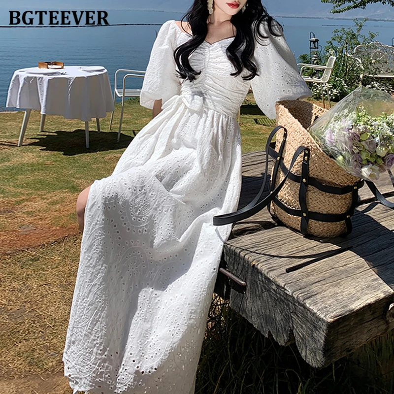 

BGTEEVER Vintage Puff Sleeve Slim Waist Female Hollow Out Midi Dress Spring Summer Casual Square Collar Ladies A-line Dress