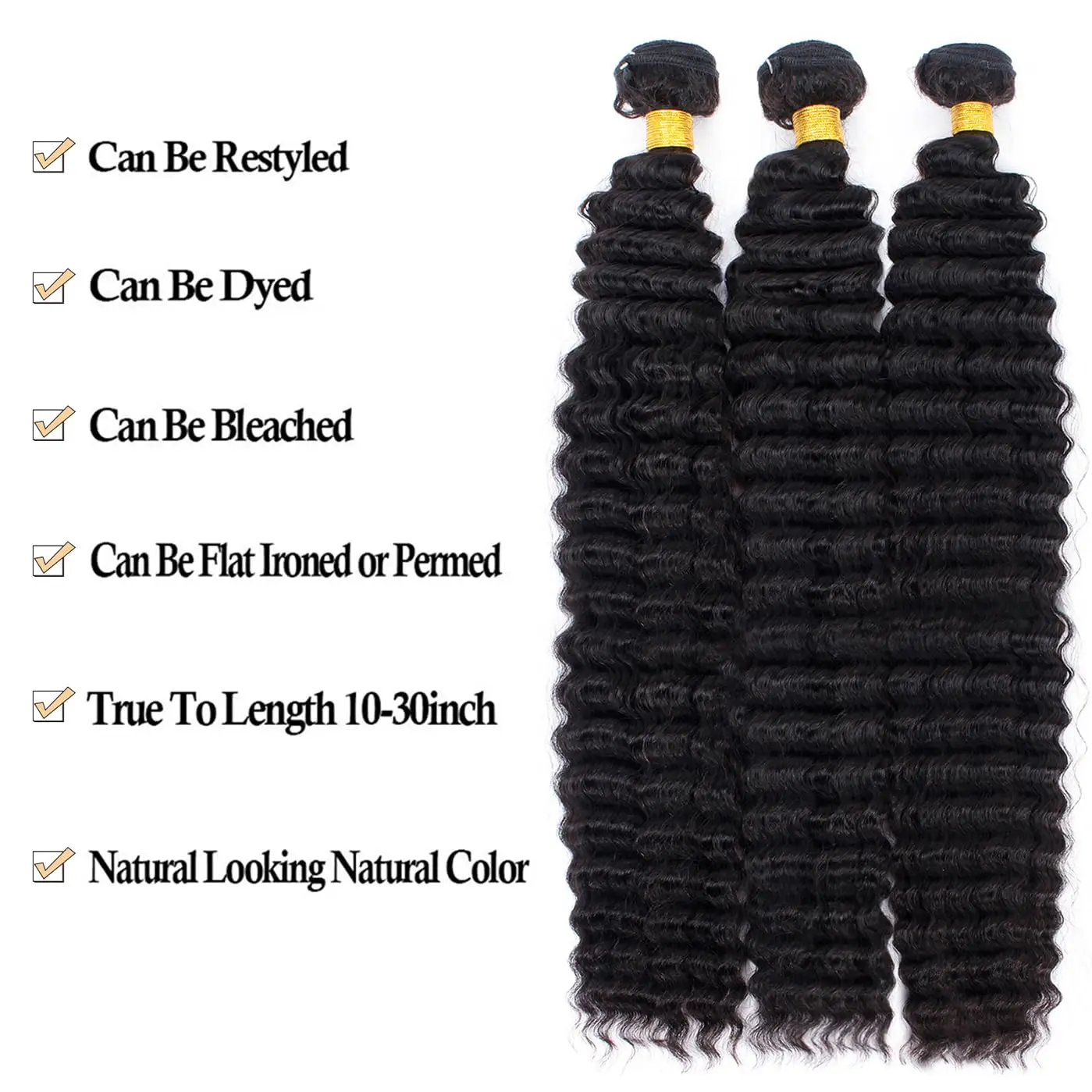 Tissage en Lot Brésilien 100% Naturel, Extensions de Cheveux Vierges, Bouclés, Deep Wave, Noir Naturel, 1/3