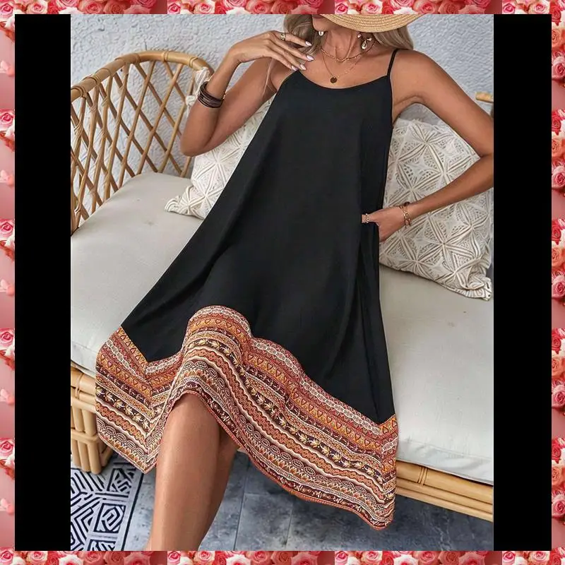 Długa sukienka damska w stylu boho Color Block Hawaii Flowy Spaghetti Strap Dresses
