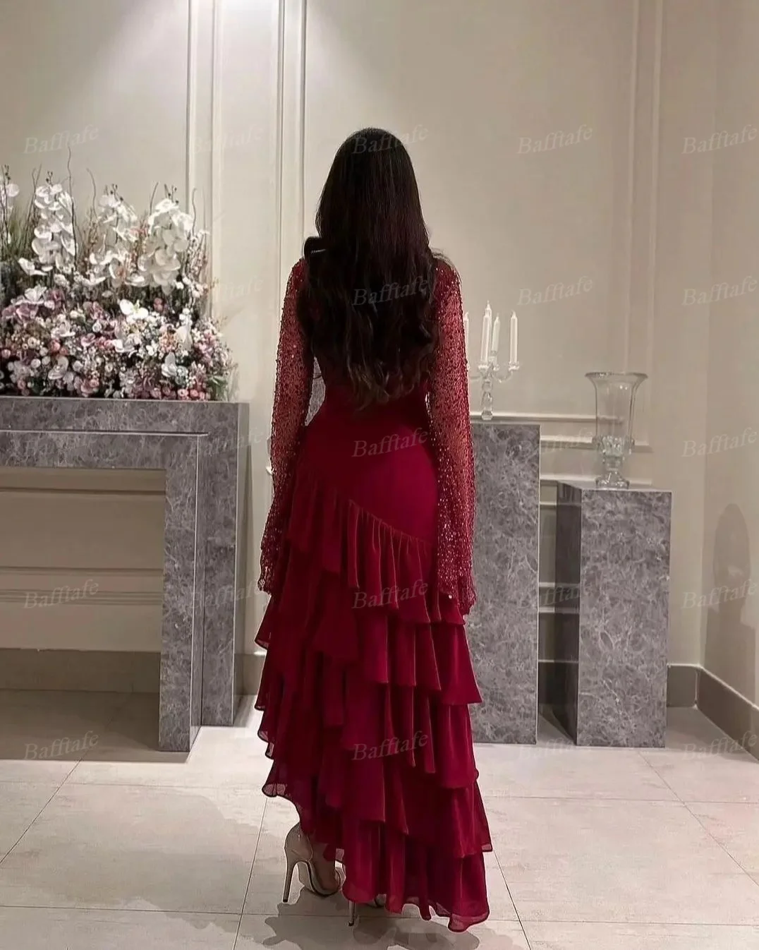 Bafftafe Burgundy Tiered Chiffon Women Prom Dresses Sequin Long Sleeves Customized Evening Dress Birthday Formal Party Gowns