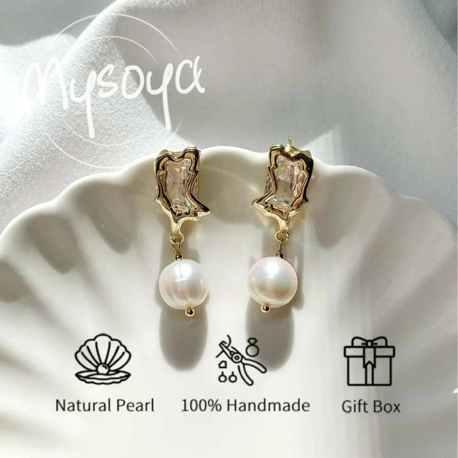 

MYSOYA 8-9 мм натуральный белый пресноводный жемчуг жидкий стиль серьги с подарочной коробкой день рождения, свадьба, рождественские украшения, подарок
