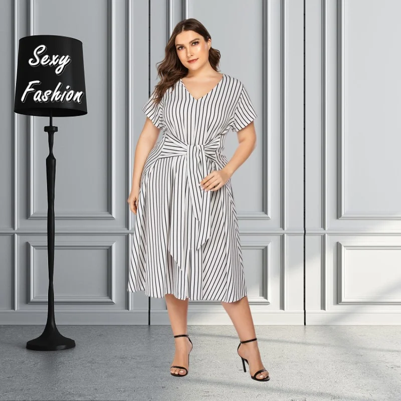 

XL-5xl Plus Size Dresses for Women 2023 Summer Clothing Short Sleeve Stripe Bandage Casual Midi Dress Dropshipping Wholesale