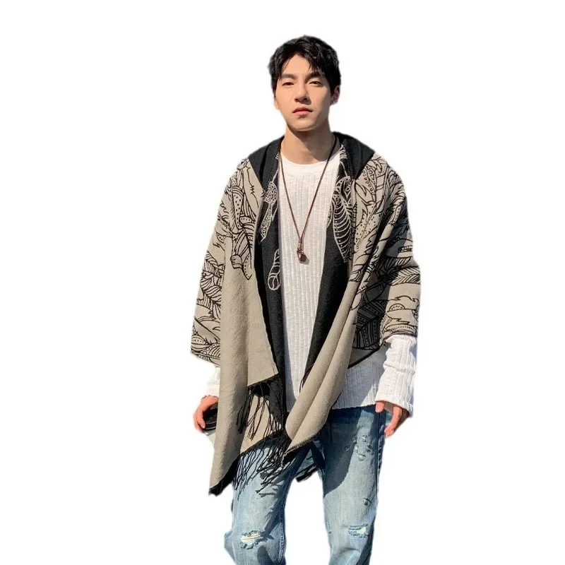 

Autumn and winter men's cloak travel imitation cashmere hooded cloak warm double-sided ethnic shawl cloak scarf trend khaki