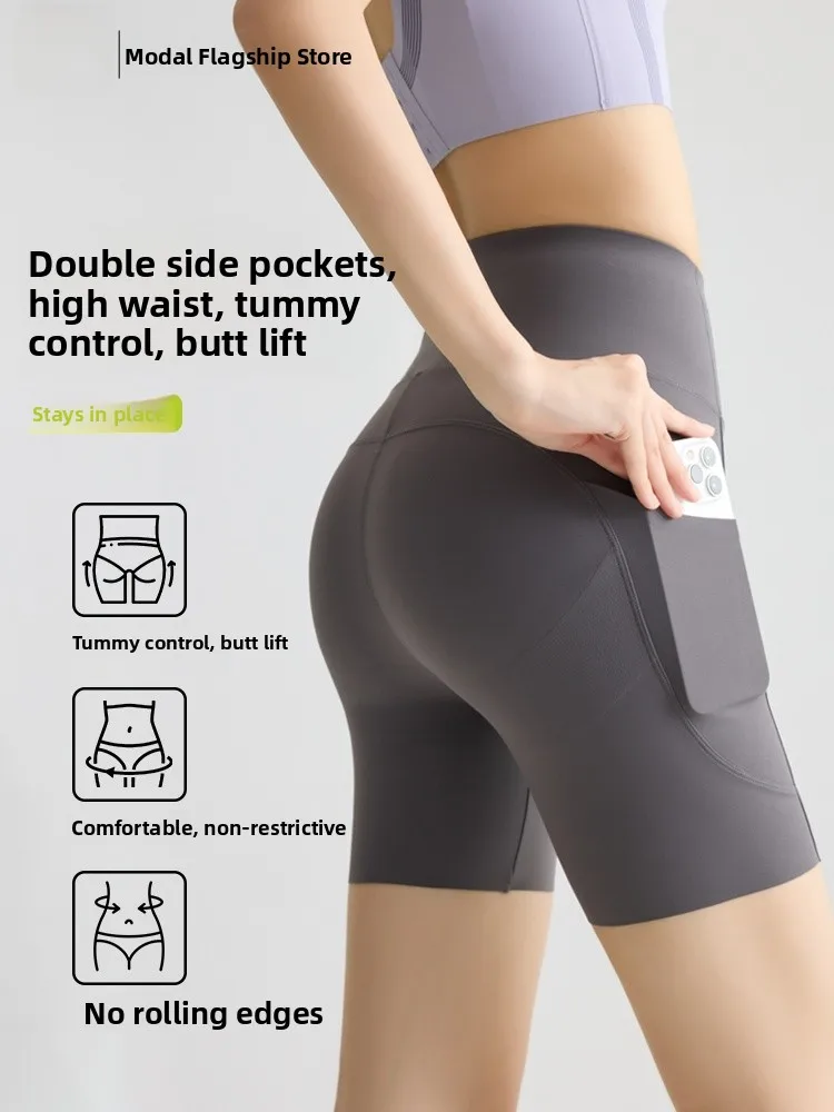 

High Waist Tee-Quarter Length Cycling Pants Women's Summer New Sle Thin arkskin Fitn Sports Underwear with kets