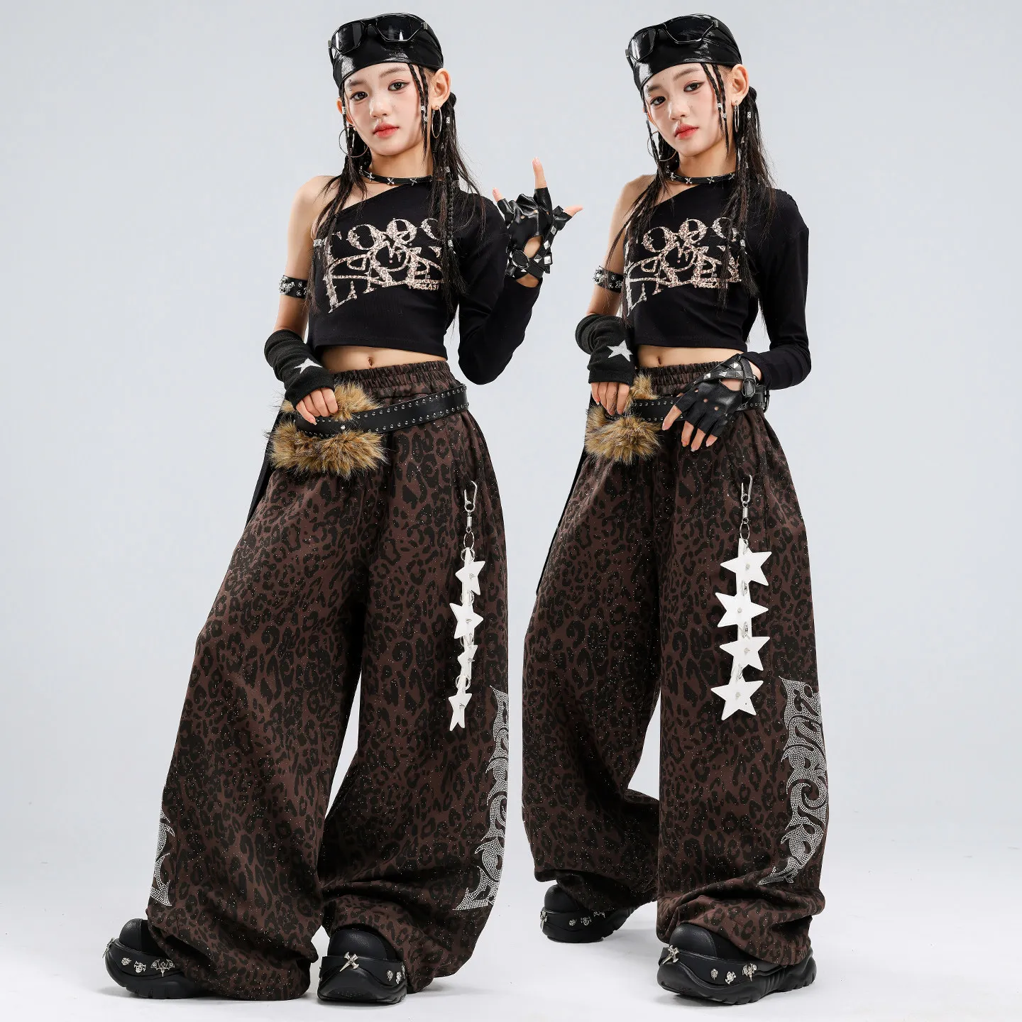 Girls Dance Outfit Leopard Slanted Strap Crop Top Rhinestone Pants Kids Jazz Hip Hop Streetwear Stage Show Performance Costume