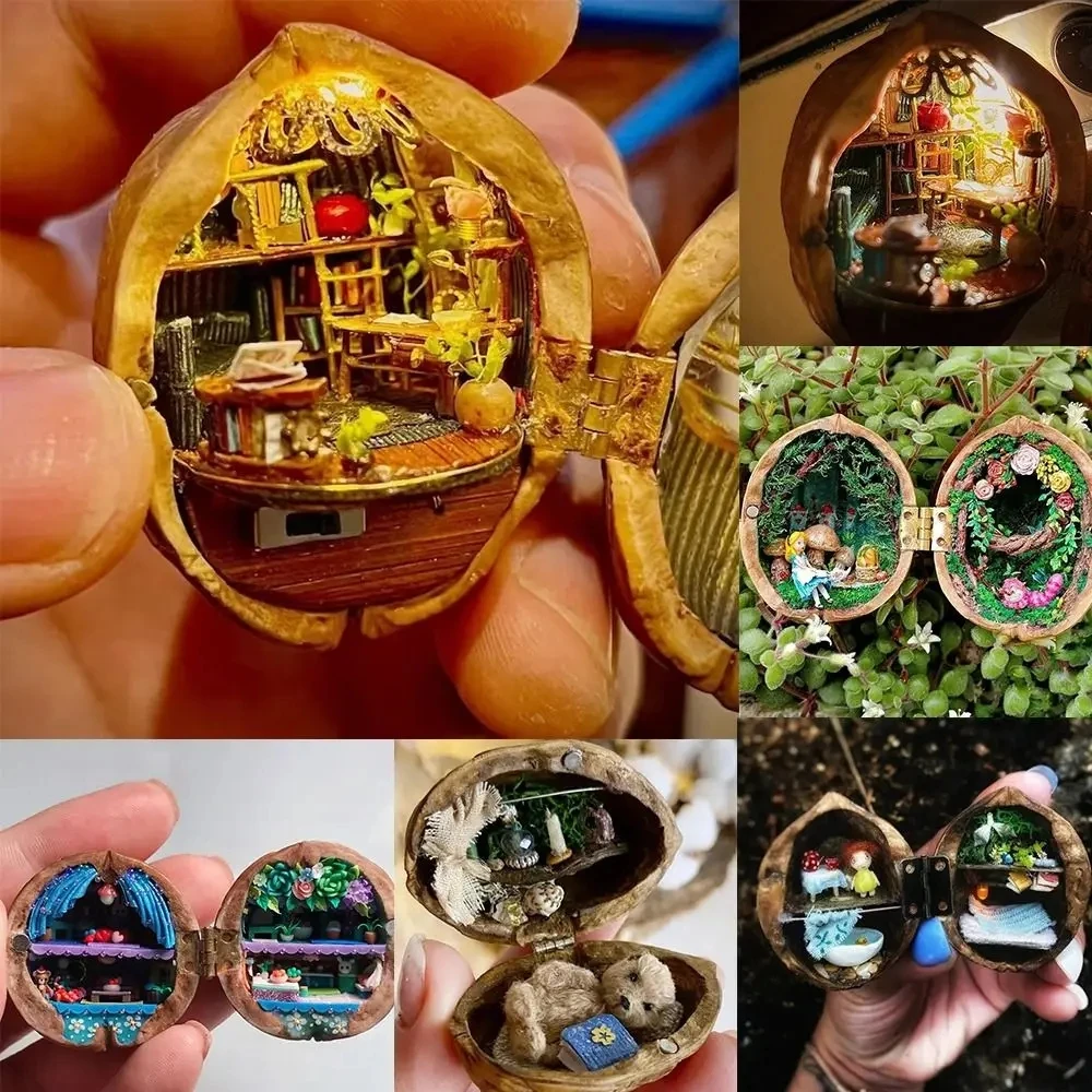 Walnut Shell Dollhouse Tiny World Inside Walnuts Resin Miniature Dollhouse Kit Handmade Mini Library 3D Children\'s Toy Gift