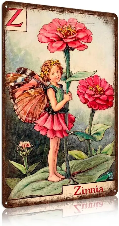 Blumenfee Wanddekoration Vintage Metall Blechschilder Feengarten Zubehör |   Zinnia--Blechschild