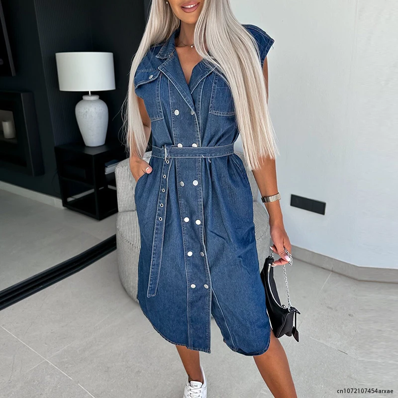 Casual Female Pearl Button Pocket Mini Dress Spring Fashion Women Denim Party Dress Elegant Puff Shouler Belt Jean Pleated Dress