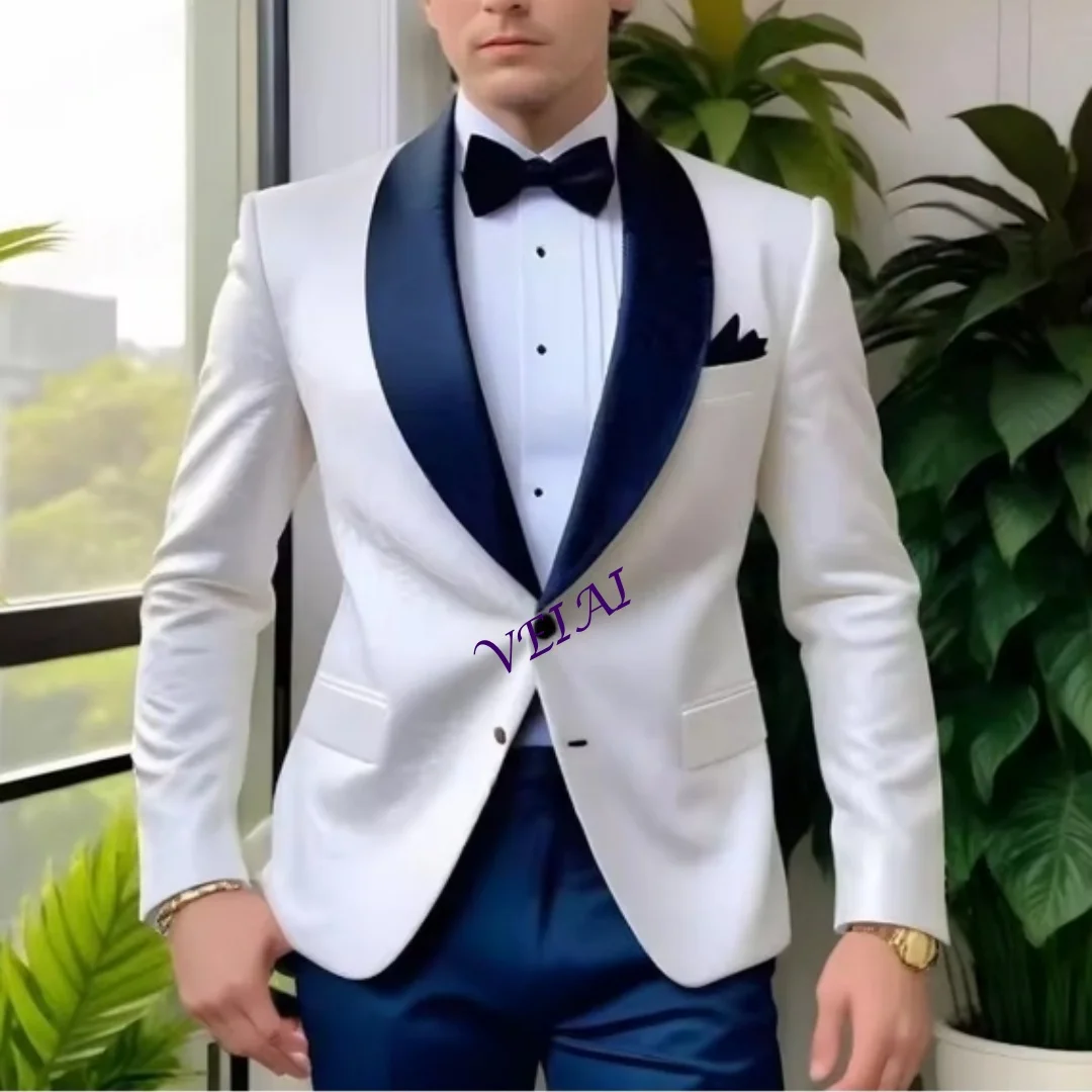 

CustomizedWhite And Navy Blue Satin Business Men Suit Groom Groomsman Wedding Party Prom Formal Male Tuxedos 2 Piece Set Blazer