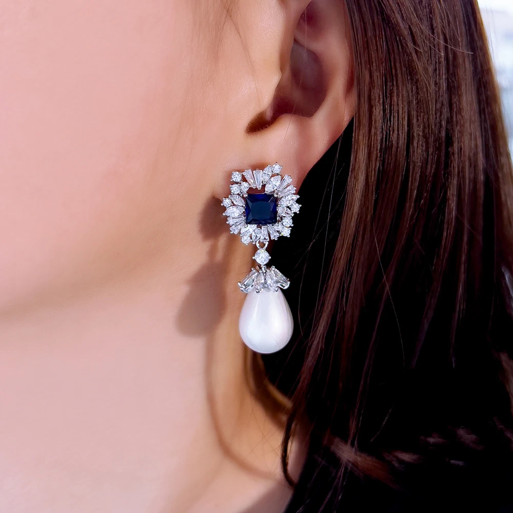 CWWZircons Sparkling Dark Blue Cubic Zirconia Dangling Drop Pearl Long Wedding Banquet Engagement Party Earrings for Women CZ982