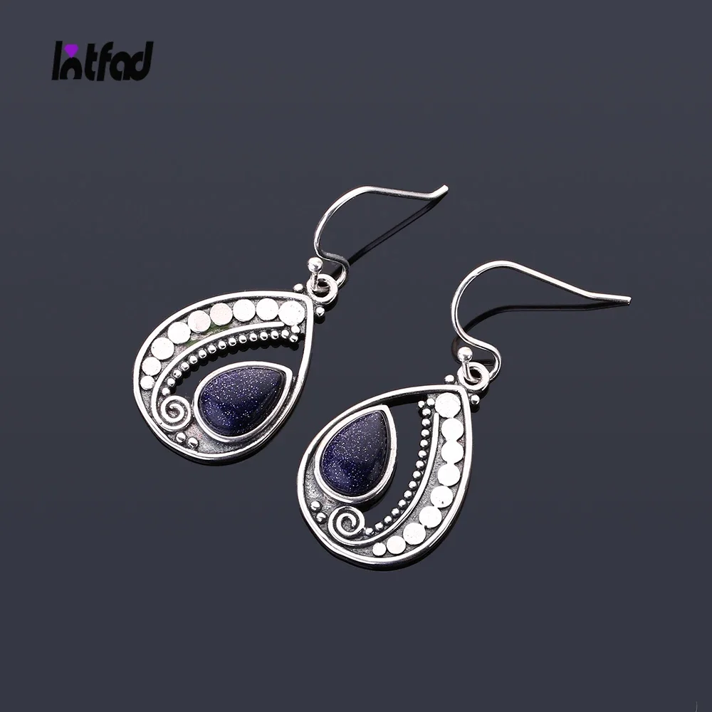 

Natural 6*9MM Drop-Shaped Blue Sandstone Earrings 925 Sterling Silver Pendant Earrings for Women Gift Retro Ear Jewelry