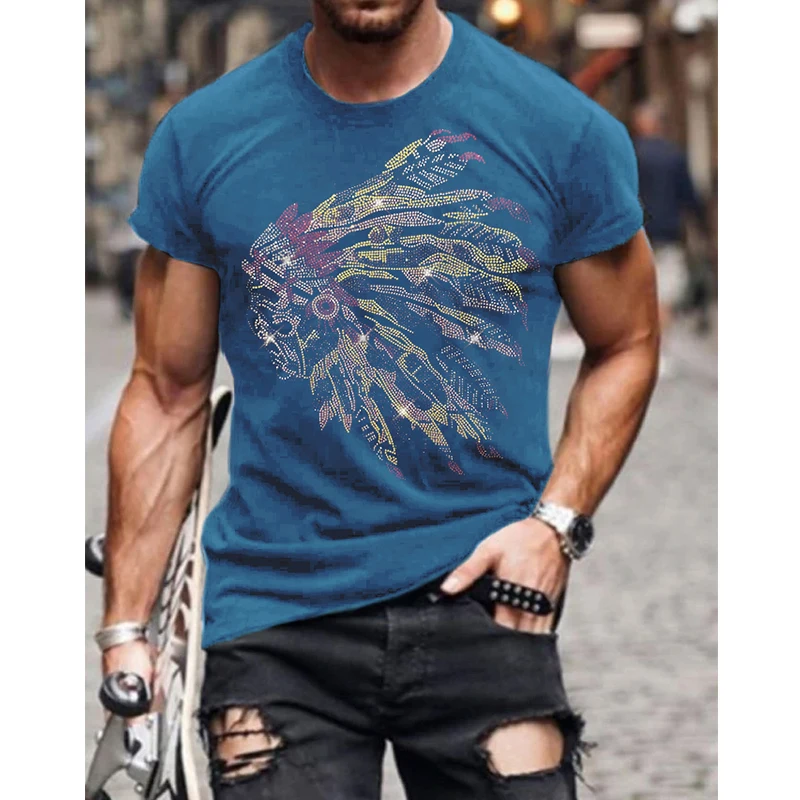 Fashion Men\'s Clothing Oversized Tee y2k Indian Rhinestone Designer Short Sleeve Tops Hip Hop Casual Street t-shirt High Quality