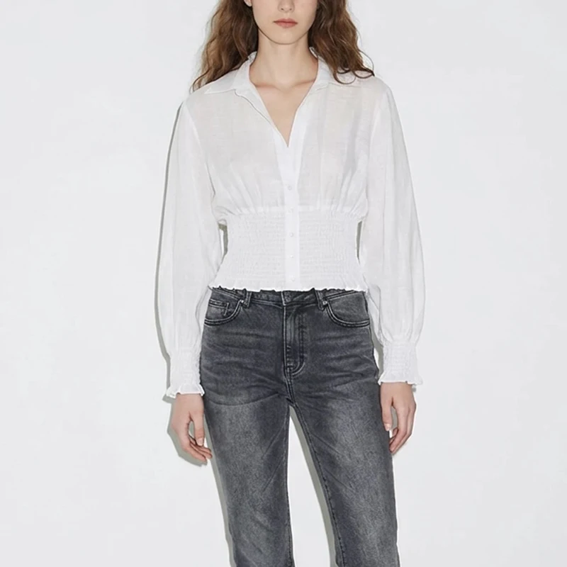 

Женская модная блузка Ele Slimming с рукавами-фонариками, завязками на талии, дышащая, с длинными рукавами, для повседневной носки