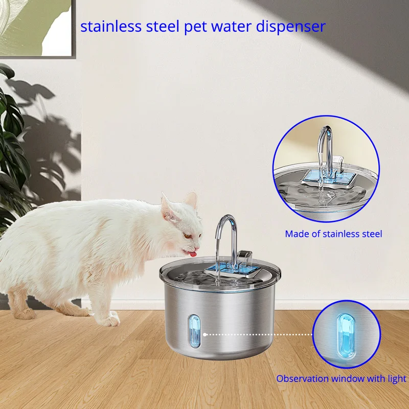 

Automatic Stainless Steel Pet Water Dispenser Visual Window with lights Quiet Pump Pet Water Feeder Indoor Drinking Water
