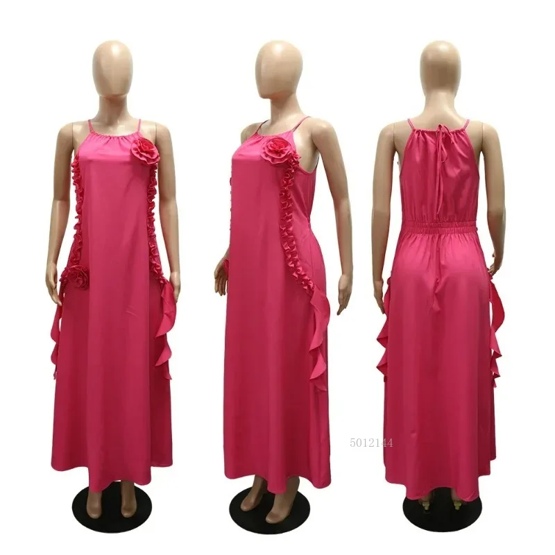 

African Dresses for Women Elegant Dashiki Spaghetti Strap Rose Red Maxi Dress Ladies Traditional Africa Clothing Outfits S-2XL