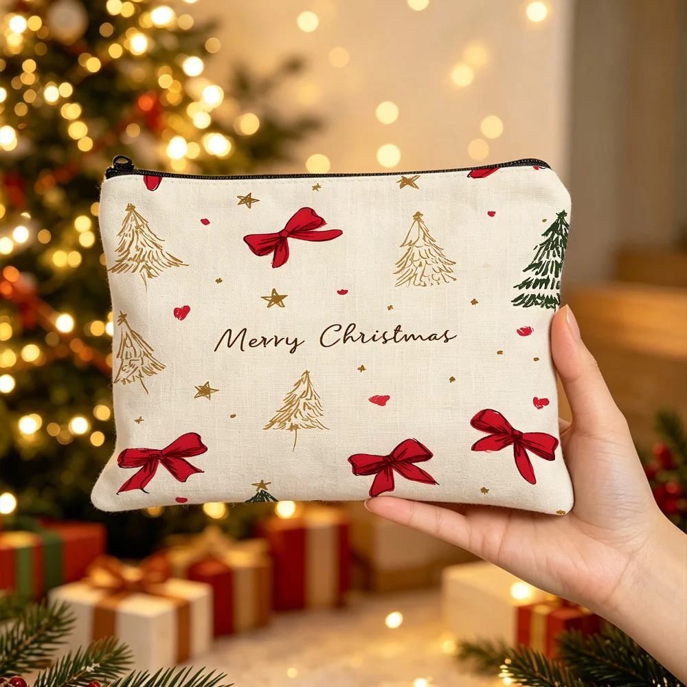 Merry Christmas Bow And Tree Print Canvas Cosmetic Bag Xmas Star Heart Zipper Pouch Travel Makeup Storage Pouch Holiday Gift