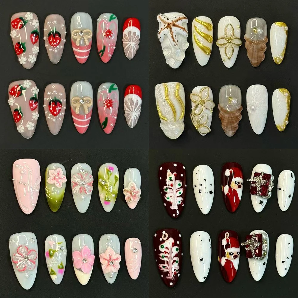 

Spice Girl 3D Colorful Flowers Almond Handmade French Fake Nails Pearl Strawberry Jellyfish Butterfly Water Drop Press On Nails
