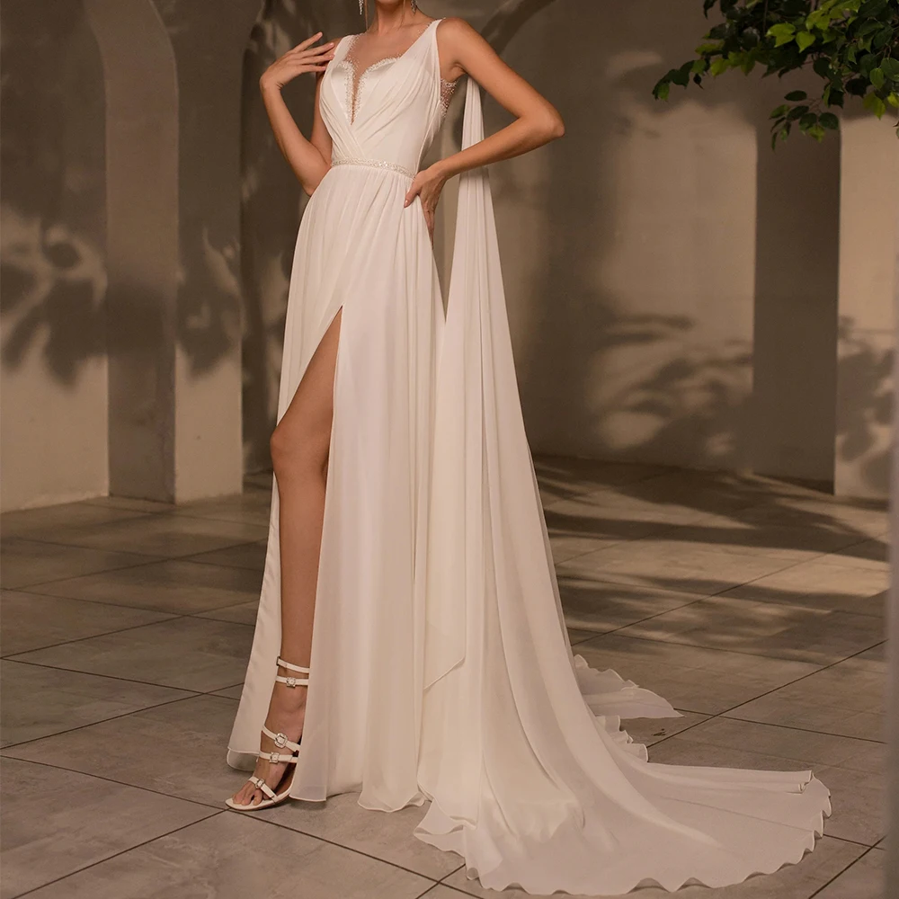 

Classic Chiffon Wedding Dress O-Neck Sleeveless A-Line Floor Length Sexy Side Slit Illusion Tulle Bride with Beading Belt Gowns