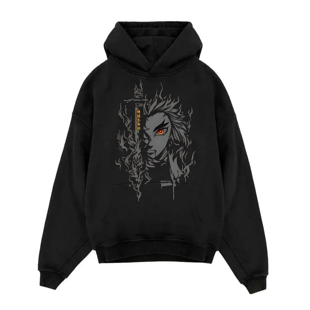Felpa con cappuccio Demon Slayer Kimetsu No Yaiba in 100 cotone Nero Rengoku Kyojuro Stampa di personaggi con design di capelli a fiamma Pullover anime