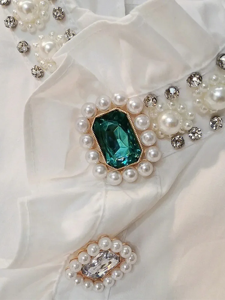Beautiful Luxury Stand Collar Diamond Beaded Shirt For Women Long Sleeve Autumn Winter Fashion White Blouse