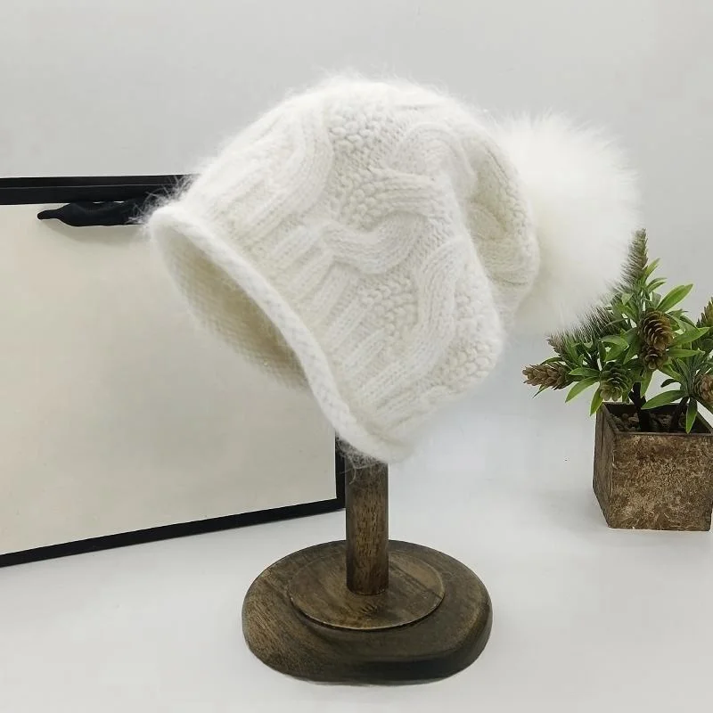 New Women's Angora rabbit Fur Knitted Hat Autumn/Winter Real Fox fur pompom Hat Curled Edge Protection Ear Hat Women