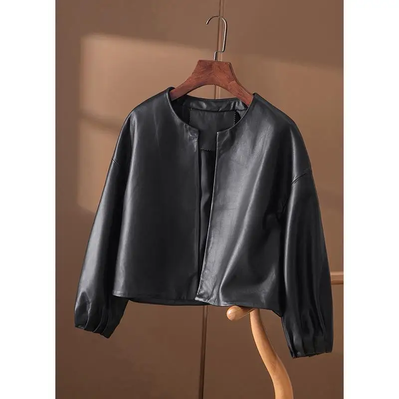 2025 spring and autumn new round neck lantern sleeve jacket women's PU leather short small leather jacket