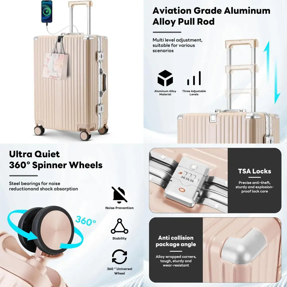 

Lightweight Hardside Carry-On Luggage with TSA Approved Locks, USB Port, and Cup Holder for Travel Convenience