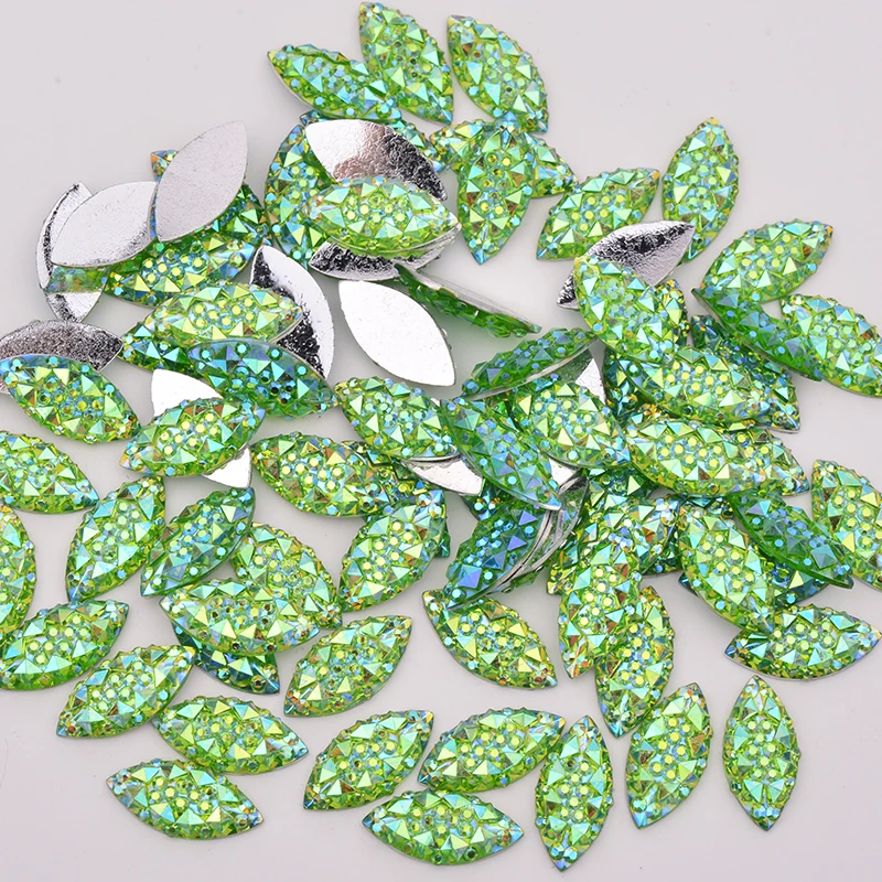 JUNAO 100pcs 7x15mm Crystal AB Horse Eye Flat Back Rhinestone Applique Resin Stones and Crystal Glue on Strass for Clothes