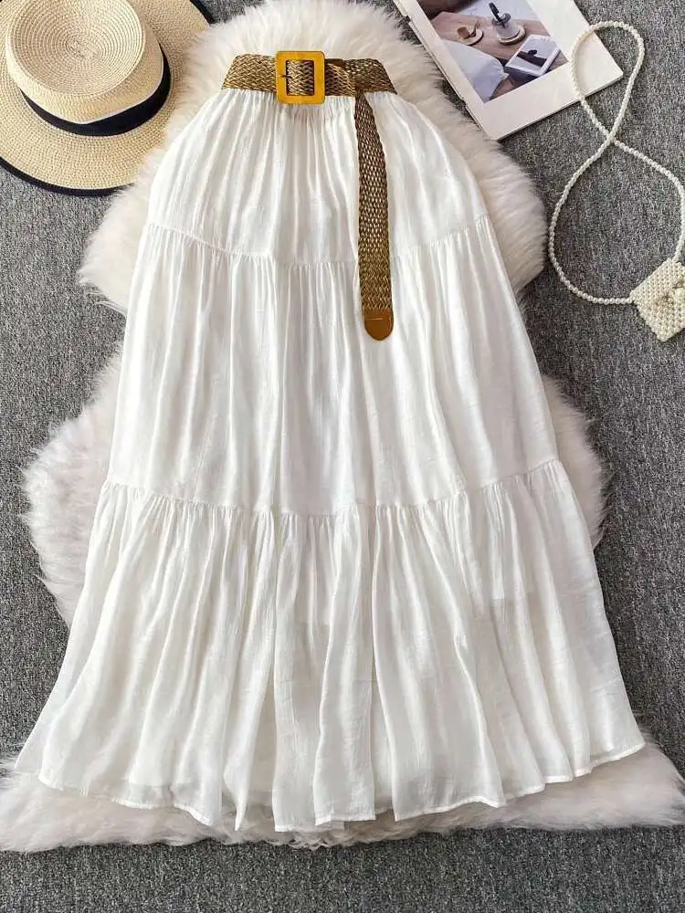 Women White Midi Skirt Summer Vintage Casual High Waisted Slim A-line Elegant Skirts with Belt