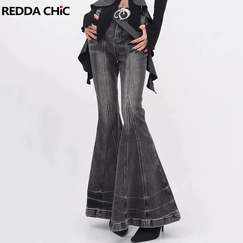 REDDACHiC Vintage Patchwork Women's Flare Jeans Do Old Gray Stretch High Waist Whiskers Bootcut Pants Bell Bottoms Streetwear