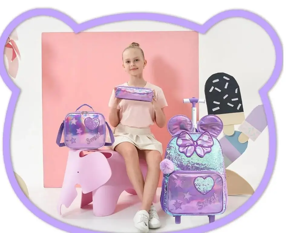 Sac à dos d'école roulant pour filles avec sac à déjeuner, grand sac à dos roulant de voyage pour sac d'école primaire 16 pouces avec roulettes