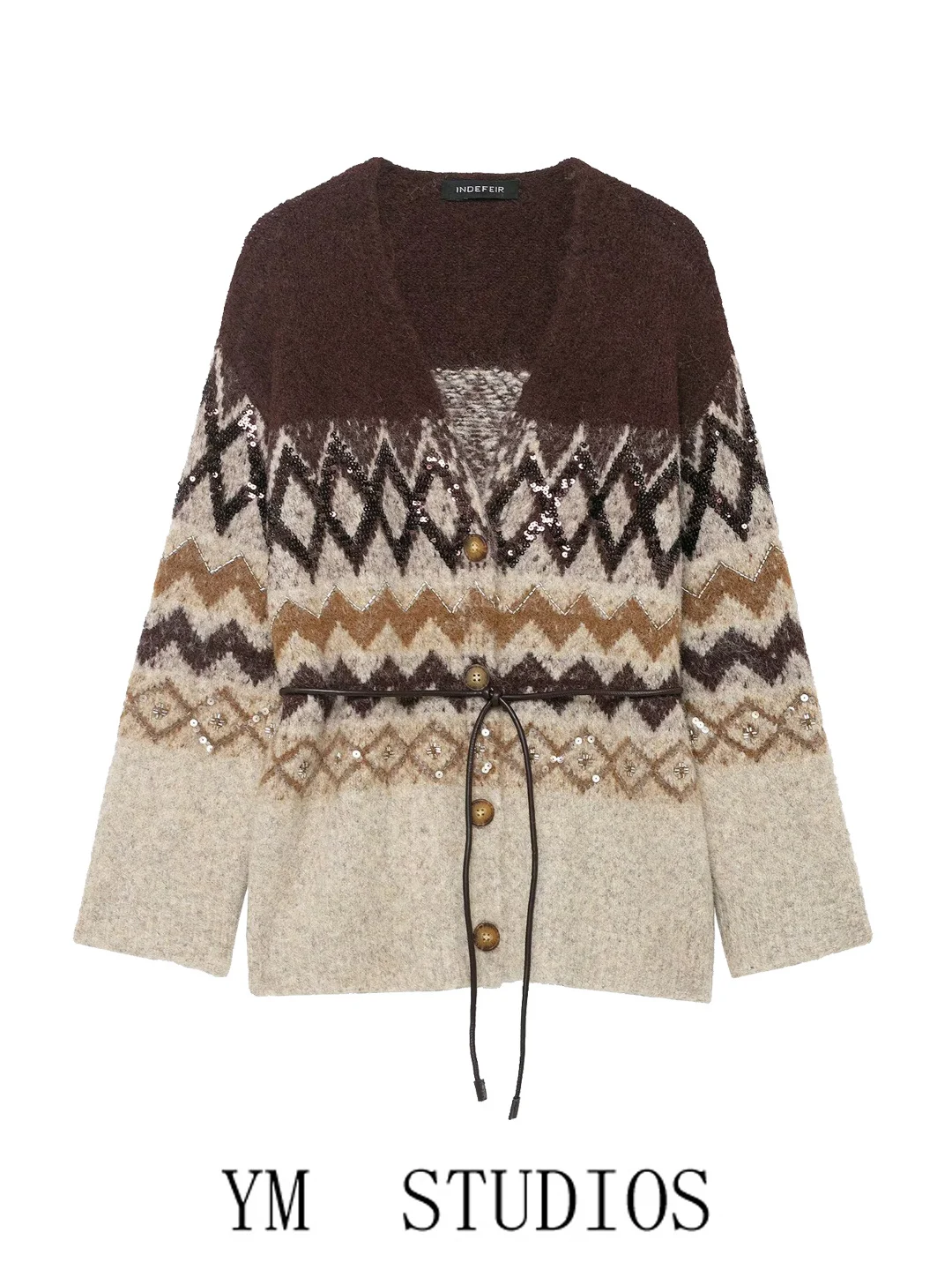 

Ретро-кардиган с ромбовидным узором, вязаный, с бусинами, свободного кроя, с V-образным вырезом, длинными рукавами, из полиэфирного волокна, женский, модный.