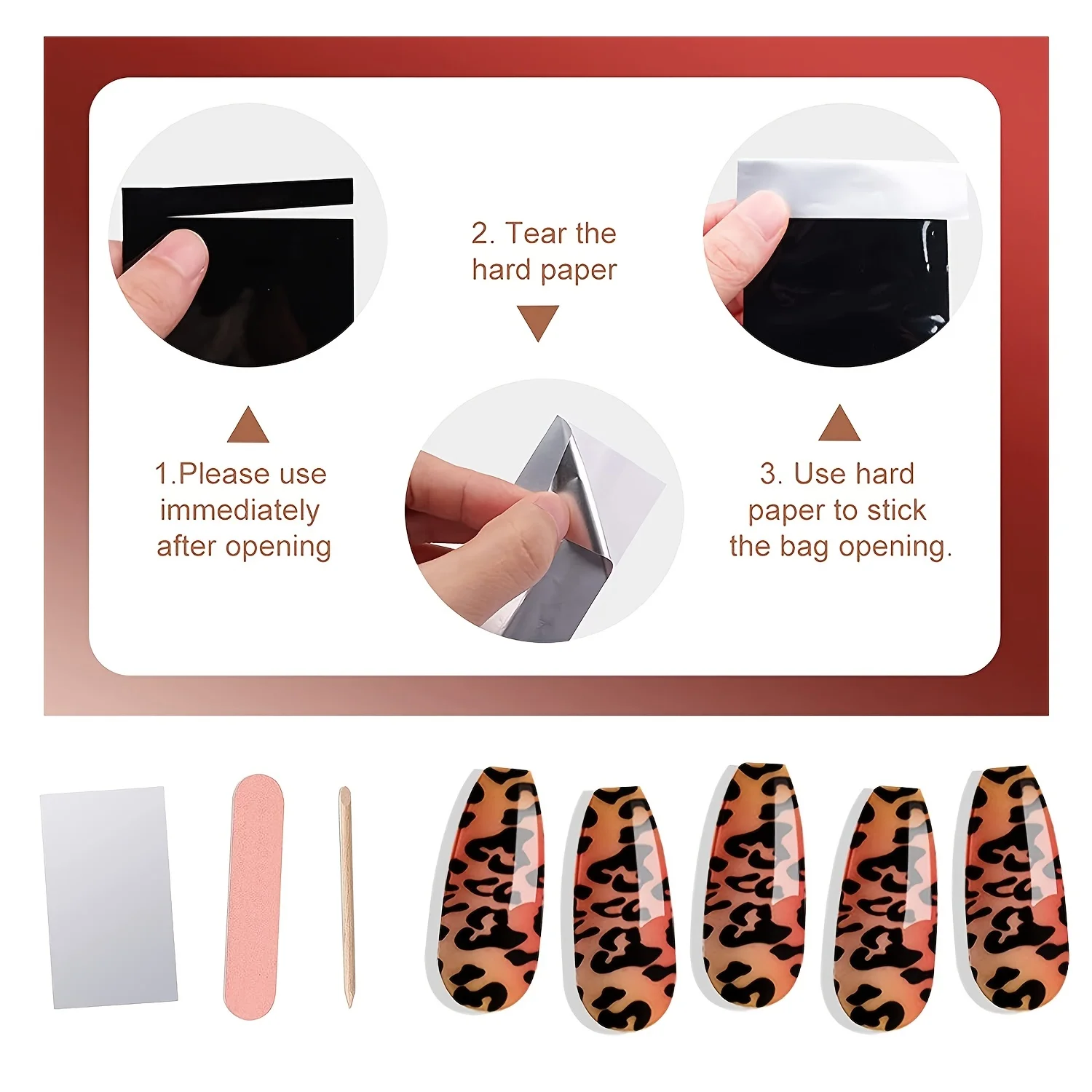 레오파드 무늬 네일 네일 반경화 젤 스티커, 큐티클 스틱 네일 파일, UV 라이트, 20 손가락