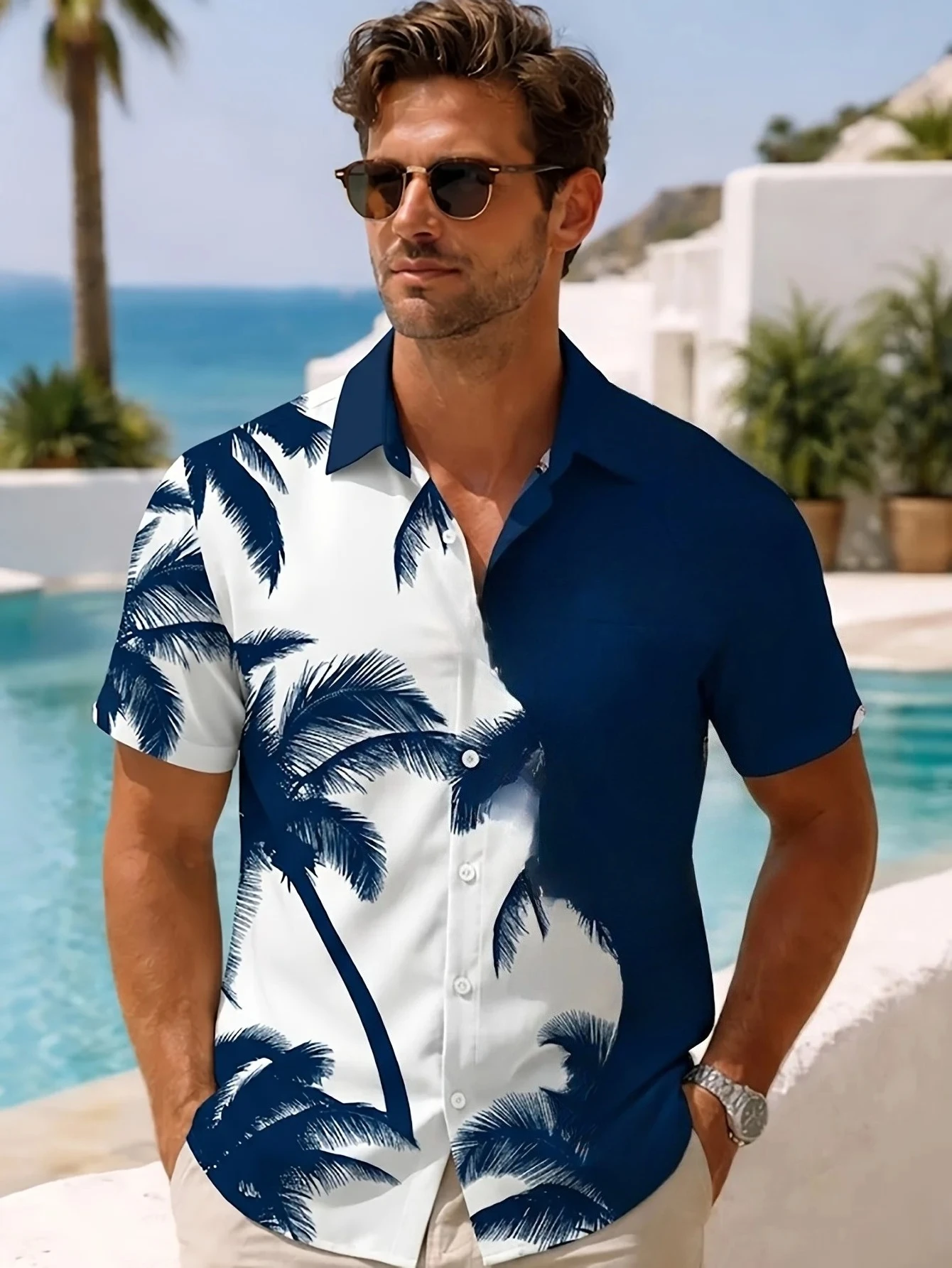 Hawaiian Shirts Navy Coconut Palm Tree Baseball Spliced Printed Loose Beach Short Sleeve Lapel Tops Men Clothes