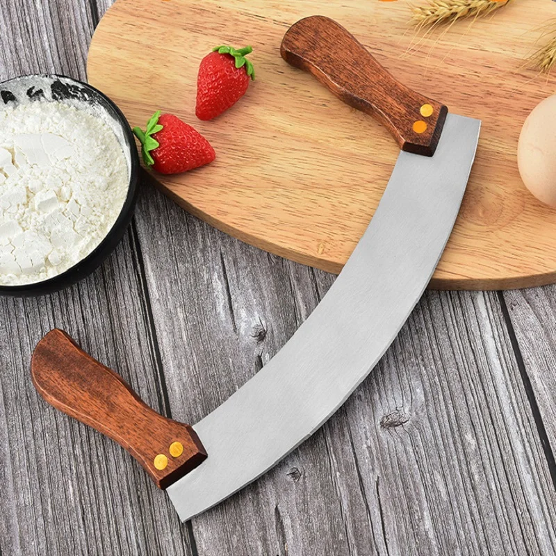 Pizza Knife Nougat Double Wooden Handle Stainless Steel With Curved Scraper Cutter Baking Tool Kitchen Bakeware