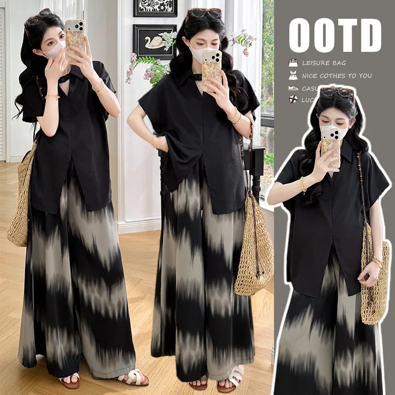

Maternity Suit Summer 2026 Lapel Short Sleeve Shirt and Gradient Tie Dye Wide Leg Pants for Pregnant Women Elegant Temperament
