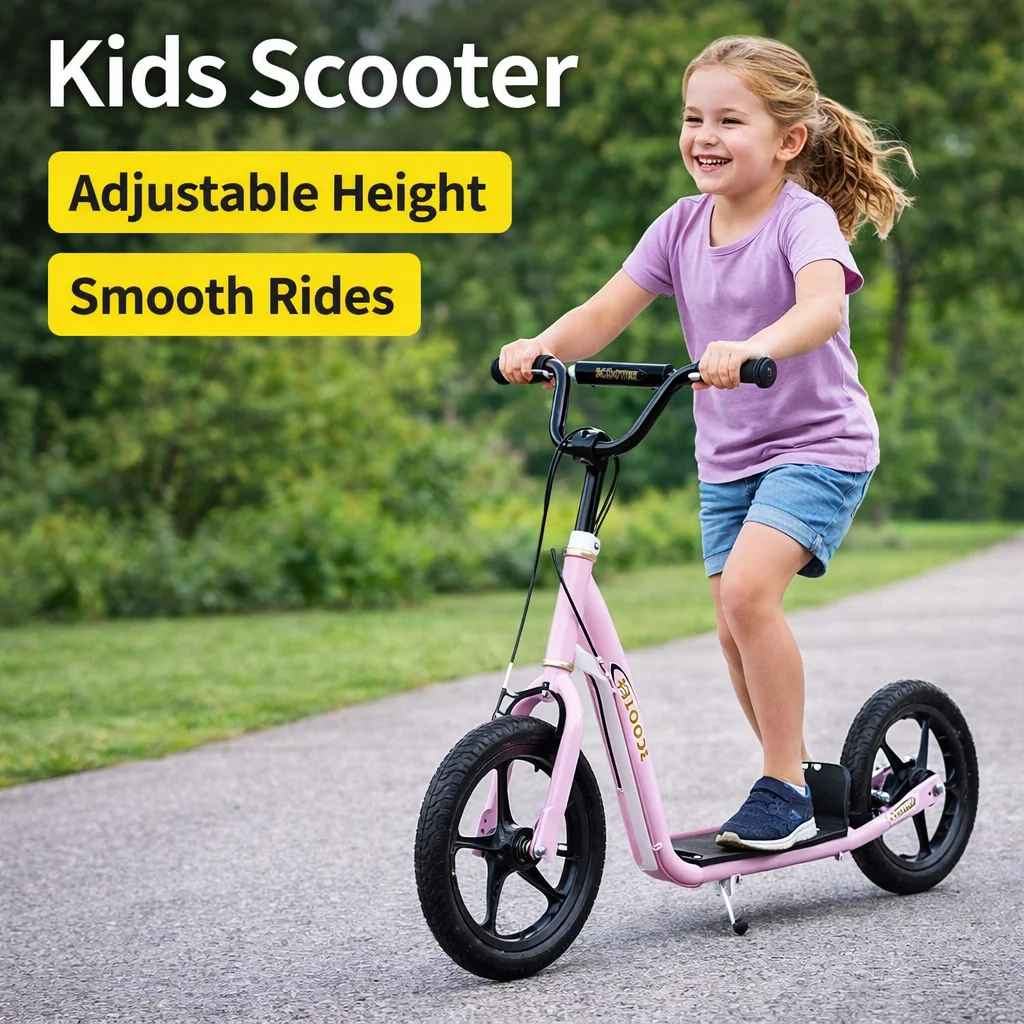 

Детский самокат Ride on Toys с большими колесами, регулируемой высотой руля, нескользящей платформой и задним тормозом для детей от 5 лет