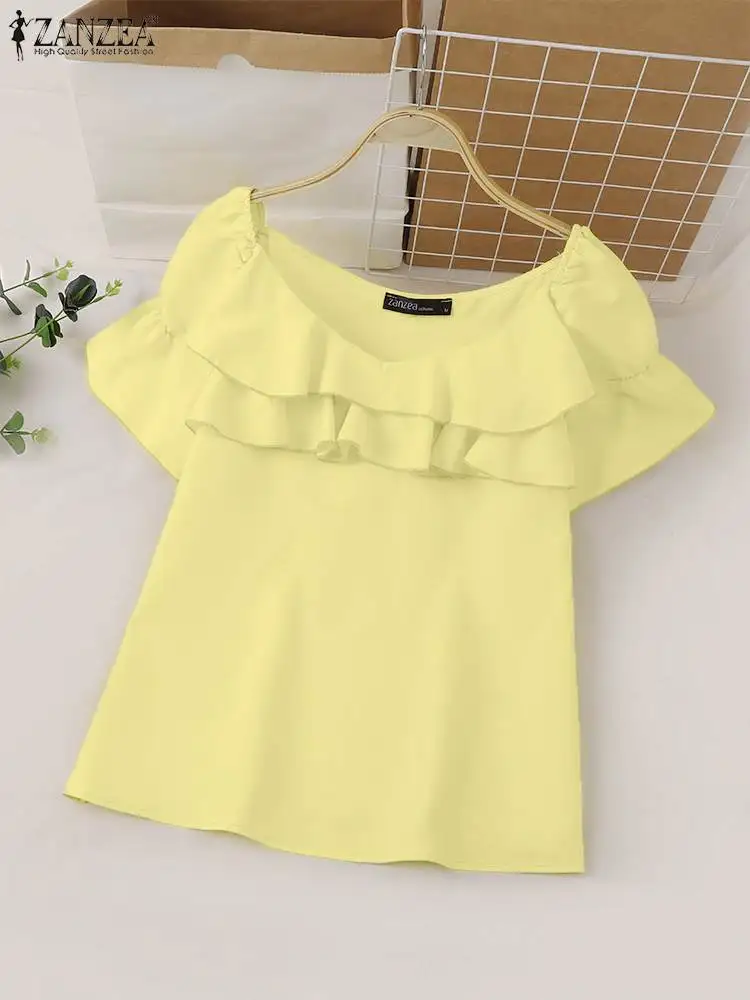 ZANZEA Fashion Ruffled V-neck Tops Korean Version Blouses Holiday Summer Solid Chemise 2024 Vintage Short Puff Sleeve Blusas